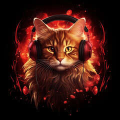 A Ginger cat listening musing weared Headphone in red black blast background