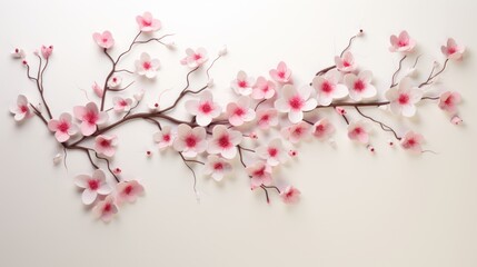  a branch of a tree with pink flowers on a white background with a shadow of the branch of a tree with pink flowers on a white background with a shadow of the branches.