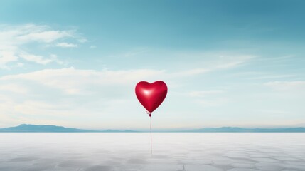  a red balloon floating in the air with a heart shaped balloon sticking out of it's side in front of a blue sky with a mountain range in the background.