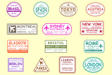 Collection of passport visa stamps, set of labels, set of labels, sticker
