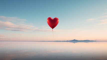  a red heart - shaped balloon floating in the air over a body of water with a small island in the distance in the middle of the distance is a blue sky.