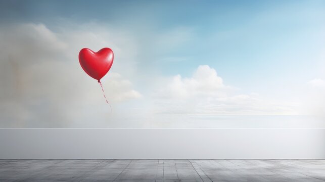  a red heart - shaped balloon floating in the air in front of a white wall and a blue sky with puffy clouds and a blue sky with white clouds.