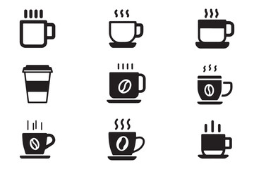 Coffee cup icon set. Vector illustration of hot beverage mugs in different styles. Cappuccino, latte, espresso, tea and more. Isolated symbols for cafe, breakfast and drink design.