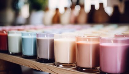 A neat row of scented candles on a wooden table with pastel hues and amazing smells.
