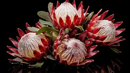 Beautiful protea flowers isolated on black background. 