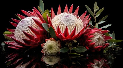 Beautiful protea flowers on black background with reflection. 