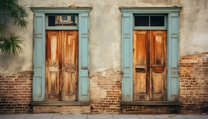 Fototapeta na wymiar The Gateway to History: Open Wooden Doors Reveal a Historic Brick Building