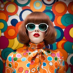 In the 1960s mod fashion, a girl wears sunglasses against a psychedelic background.
