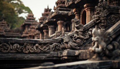 A Magnificent Display of Intricate Wood Carvings on a Close-Up Wooden Structure