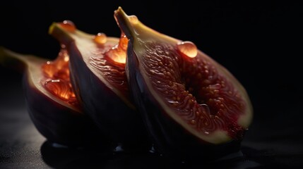  a couple of sliced figs sitting on top of a black table next to a slice of fruit with a bite taken out of one of one of the fig.