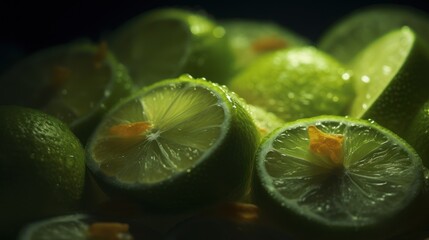  a pile of limes with one cut in half and the other sliced in half with water droplets on the top of the whole limes and the whole limes.