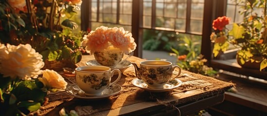 Breakfast in the morning. Tea cup, teapot and flowers on the table