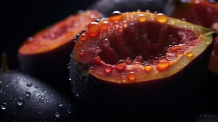  a couple of pieces of fruit sitting on top of a black surface with drops of water on the fruit and the fruit is cut in half and ready to be eaten.