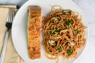 bourbon salmon  with whole wheat spaghetti