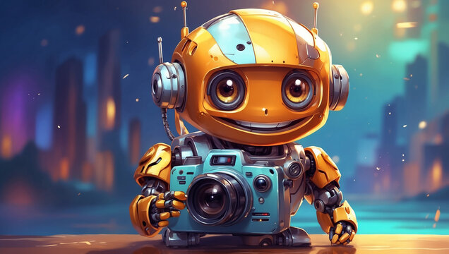 Small smiling robot with a camera. Space for text. The robot takes photos or takes videos. Modern technologies