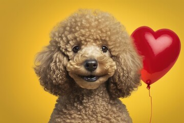 Poodle dog holding heart shaped balloon isolated on studio background.