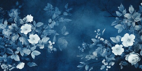 Fototapeta na wymiar Cyanotype abstract blue and white flowers. Seamless floral pattern texture on a plain cyan background. Great as vectors, wallpaper or background. Generative AI, AI