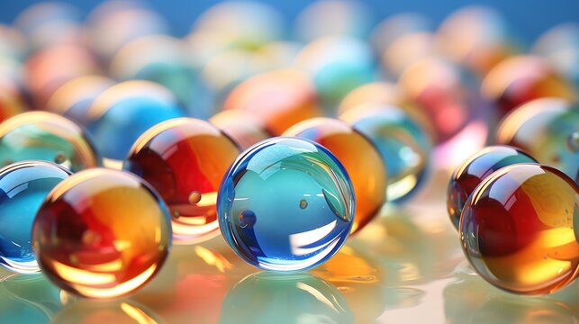  a group of multicolored marbles sitting on top of a white counter top with a blue sky in the back ground and a blue sky in the background.