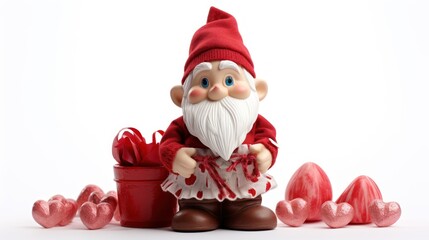  a close up of a figurine of a gnome with a red hat and a red pot with hearts on the ground and a white background with red hearts.