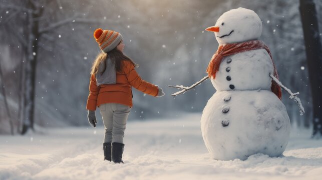 A funny little girl in a bright hat and a warm coat plays with a snowman. In winter, children play outside. Children have fun at Christmas. A child makes a snowman for Christmas.