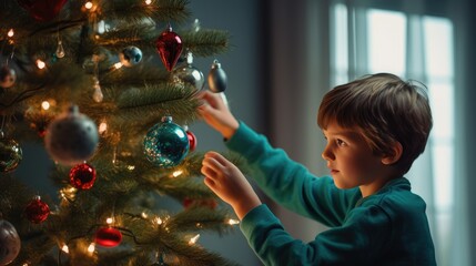 A child decorates a Christmas tree at home. . A family with children celebrates the winter holidays. The children decorate the living room and fireplace for Christmas.