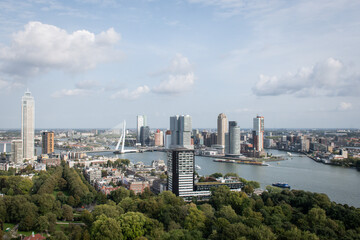 Obraz premium Cosmopolitan famous Dutch city Rotterdam with skyscraper buildings and river Nieuwe Maas. Aerial daytime view of skyline in Holland