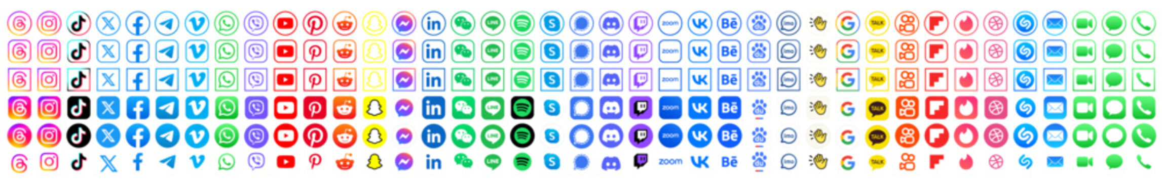 Threads, Instagram, TikTok, X, Facebook, Whatsapp, Twitter,  YouTube, Telegram, Viber, Snapchat, Pinterest, Reddit, WeChat, Dribbble  icons