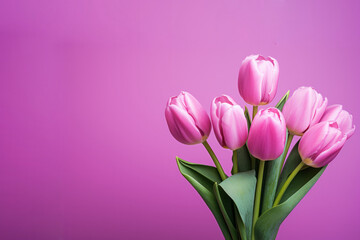 Fototapeta premium Bouquet of pink tulips and a present with a bow on pink background