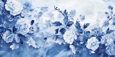 Cyanotype abstract blue and white flowers. Seamless floral pattern texture on a plain cyan background. Great as vectors, wallpaper or background. Generative AI, AI - obrazy, fototapety, plakaty