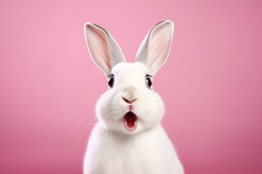 White cute rabbit with a surprised expression on a pink background