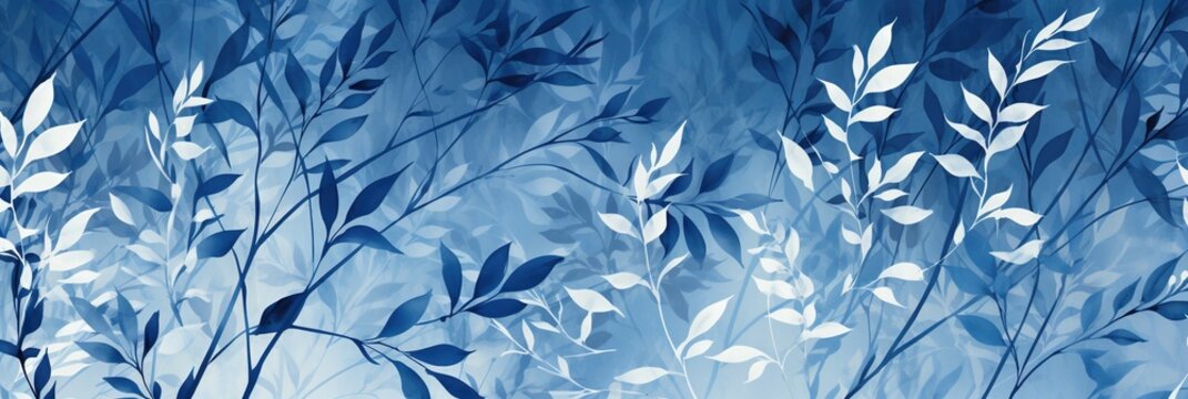 Fototapeta Cyanotype abstract blue and white flowers. Seamless floral pattern texture on a plain cyan background. Great as vectors, wallpaper or background. Generative AI, AI