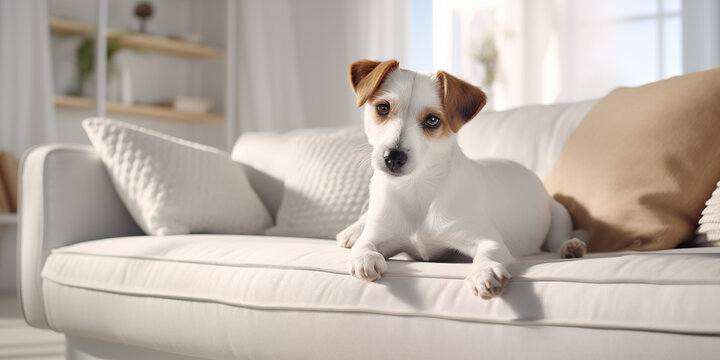 A cute puppy dog is resting on a white sofa