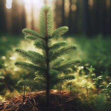 Young pine tree planted or reforested in the forest after the artificial cutting of logs. Reforestation or forestation, natural or intentional restocking of existing forests and woodlands