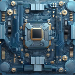 Computer motherboard with CPU. Circuit board system chip with core processor. Futuristic computer technology background