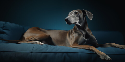 A refined Doberman dog is resting on a blue velvet sofa  - 680661545