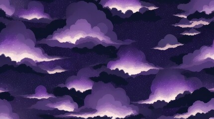 A Seamless Repeat Vector Pattern Design Featuring a Cloudy Purple Night Sky with Stars Twinkling amongst the Softly Floating Clouds