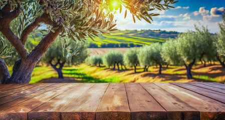Wooden table over blur farm background, product display montage. Product placement. For product display.