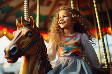 Joyful Carousel Delight A Happy Young Girl Revels in Excitement on a Colorful Merry-Go-Round at the Amusement Park. created with Generative AI