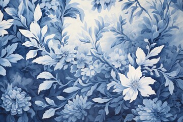 Fototapeta premium Cyanotype abstract blue and white flowers. Seamless floral pattern texture on a plain cyan background. Great as vectors, wallpaper or background. Generative AI, AI