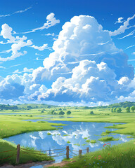Fototapeta premium anime clouds with rivers and land, generatve ai 