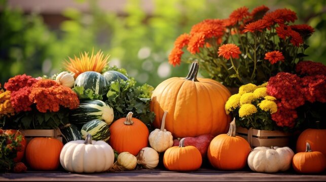 Autumn natural garden background, warm seasonal colors, fresh mixed pumpkins, green foliage and orange flowers. Colorful Thanksgiving season banner