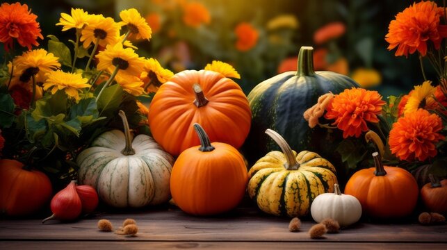 Autumn natural garden background, warm seasonal colors, fresh mixed pumpkins, green foliage and orange flowers. Colorful Thanksgiving season banner