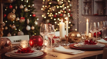 Elegant beautiful table setting to Christmas eve, New year celebrations against decorated Christmas tree in living room