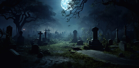 cemetery with tombstones and a big moon, generative ai  - obrazy, fototapety, plakaty