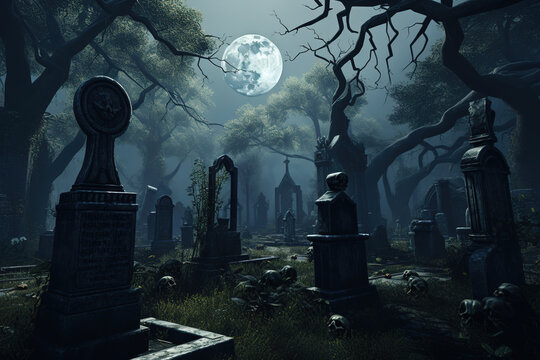 cemetery with tombstones and a big moon, generative ai 