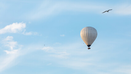 A white hot air balloon in a light blue sky with seagulls flying around it. Seaside, Lithuania