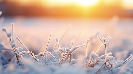 Obraz premium Winter season outdoors landscape, frozen plants in nature on the ground covered with ice and snow, under the morning sun - Seasonal background for Christmas wishes and greeting card