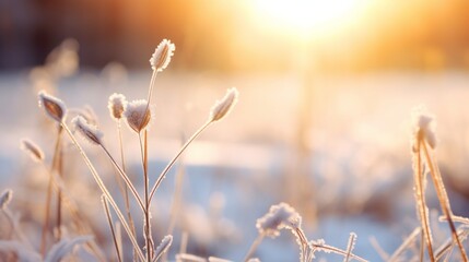 Winter season outdoors landscape, frozen plants in nature on the ground covered with ice and snow, under the morning sun - Seasonal background for Christmas wishes and greeting card
