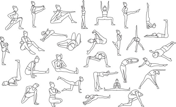set of simple vector icons, healthy lifestyle, yoga asanas, sports, doodles and sketches