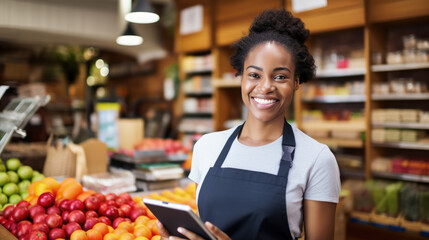 Obraz premium Smiling female supermarket employee in an apron is holding a tablet, standing in the produce section with fruits and vegetables in the background.